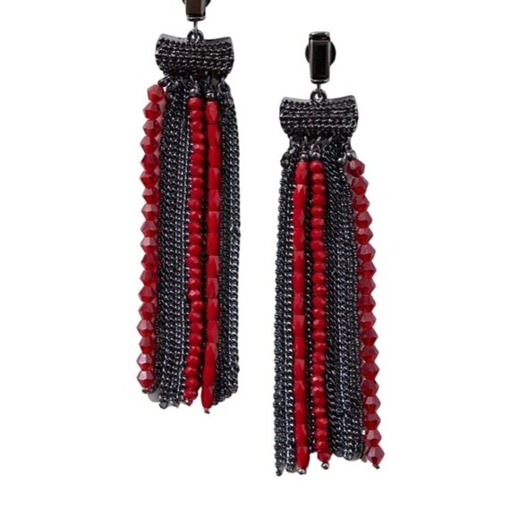 Chico's Red Tassel Beaded Chain Statement Earrings - Picture 2 of 7
